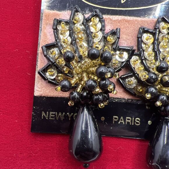 Vintage Bijoux Infini Clip On Earrings Black Beads‎ With Gold Tone Rhinestone - Picture 2 of 5